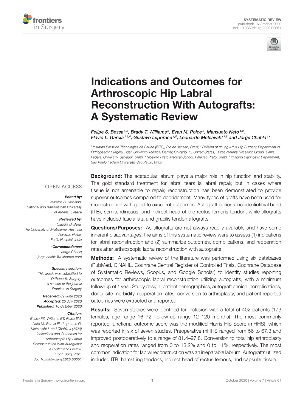 Indications and Outcomes for Arthroscopic Hip Labral Reconstruction with Autografts: a Systematic Review