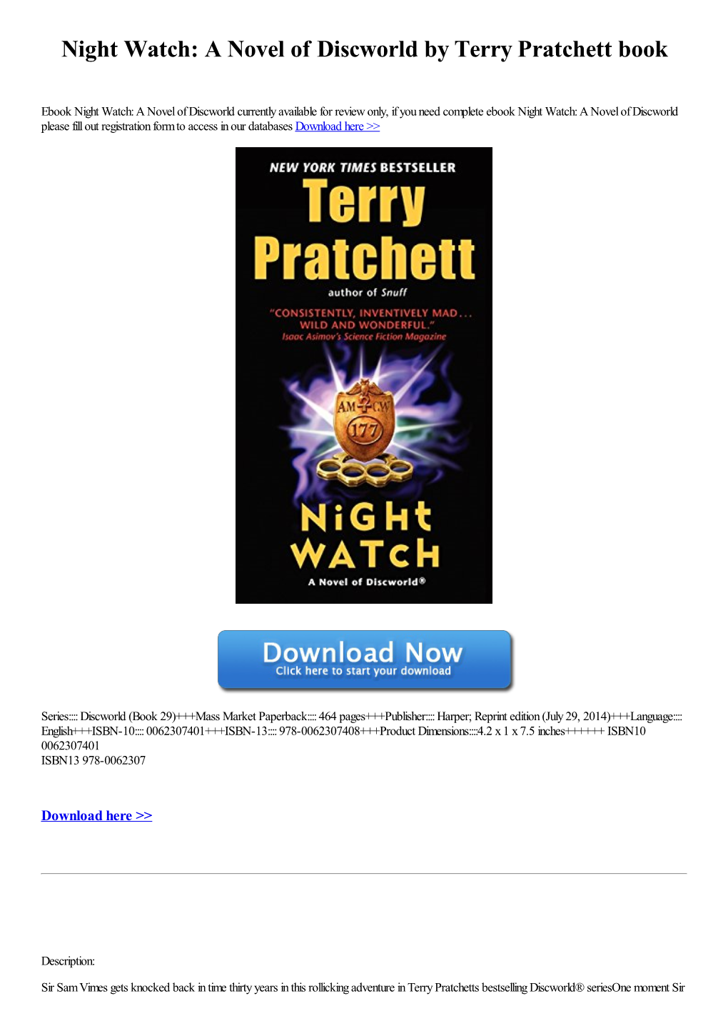 Night Watch: a Novel of Discworld by Terry Pratchett Book