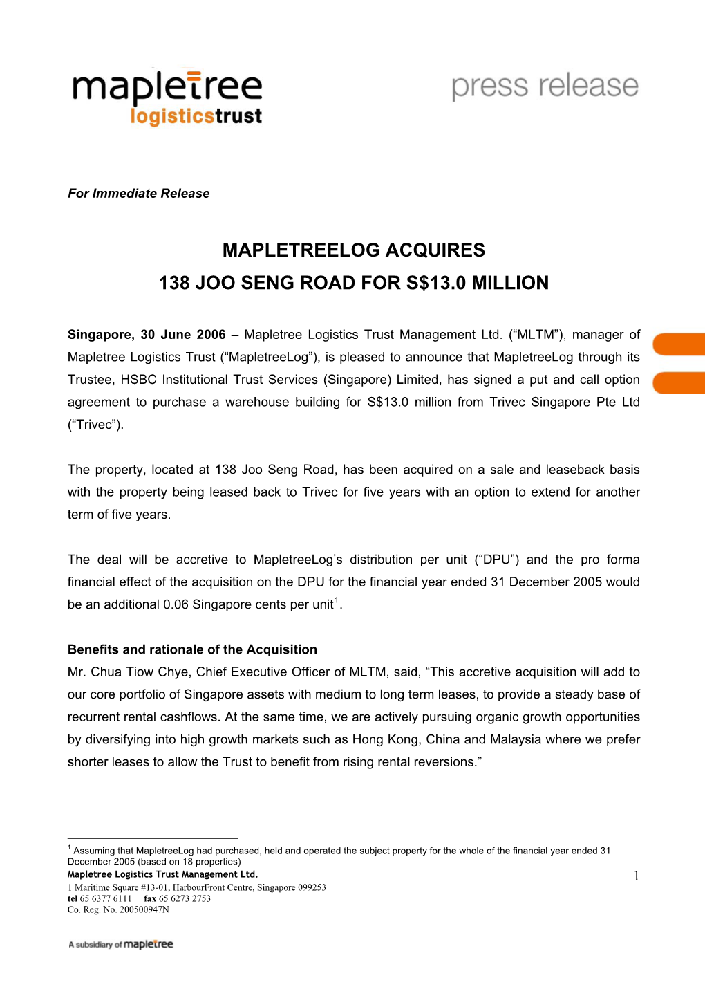 Mapletreelog Acquires 138 Joo Seng Road for S$13.0 Million