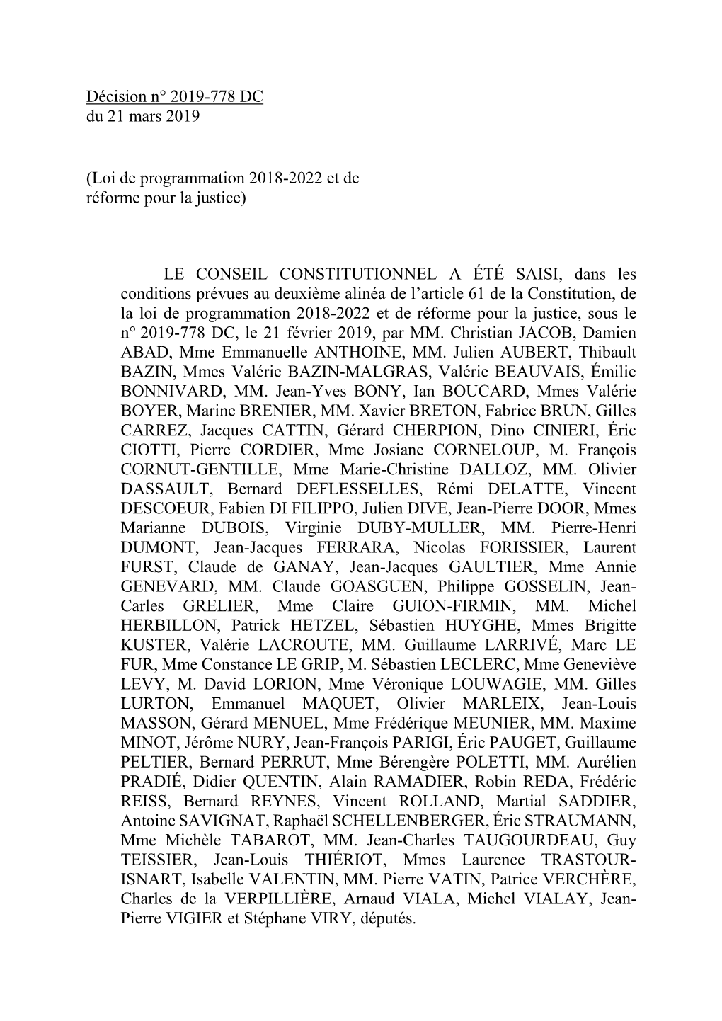 Décision N° 2019-778 DC Du 21 Mars 2019 (Loi De Programmation 2018