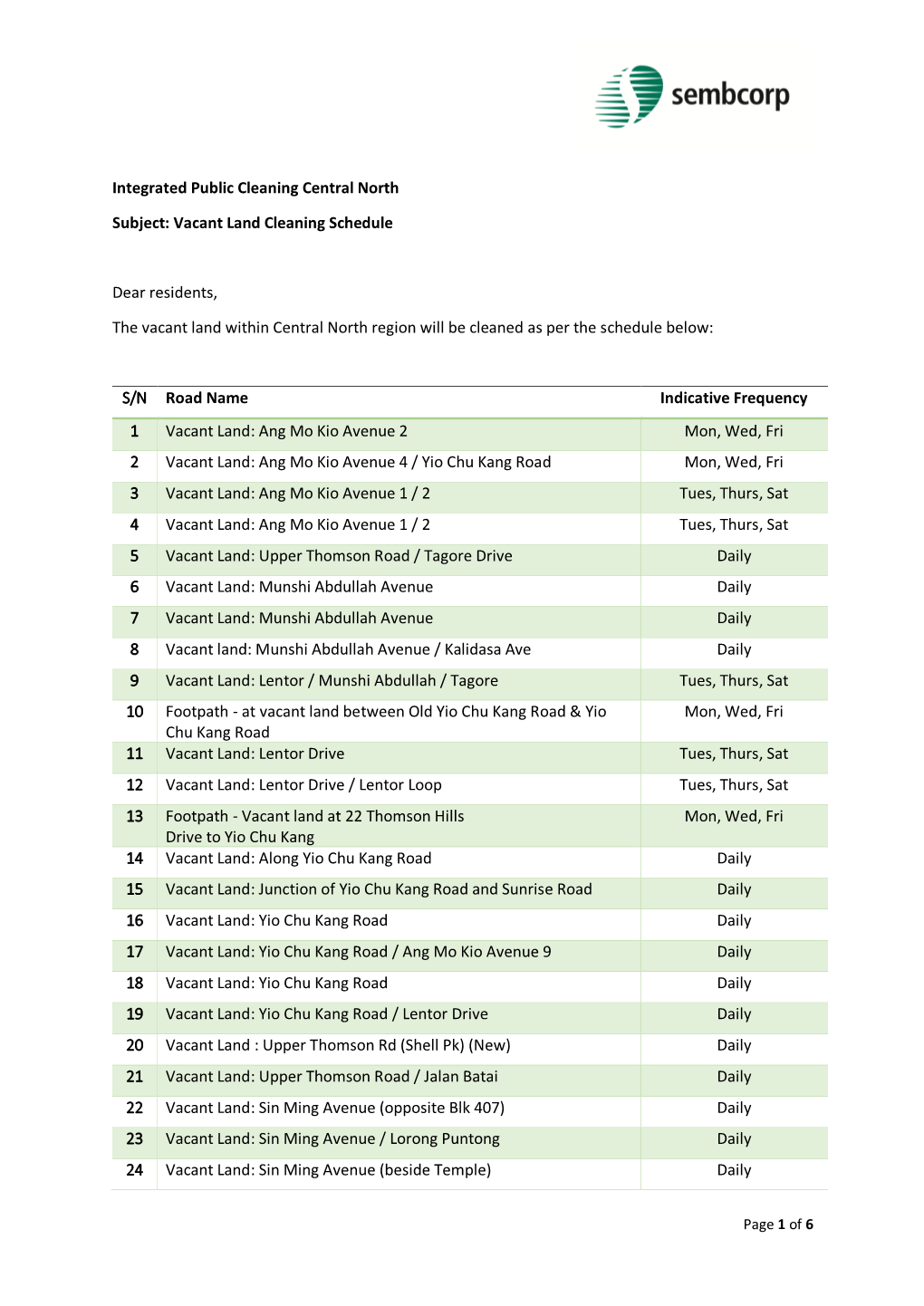 Central North Vacant Land Schedule