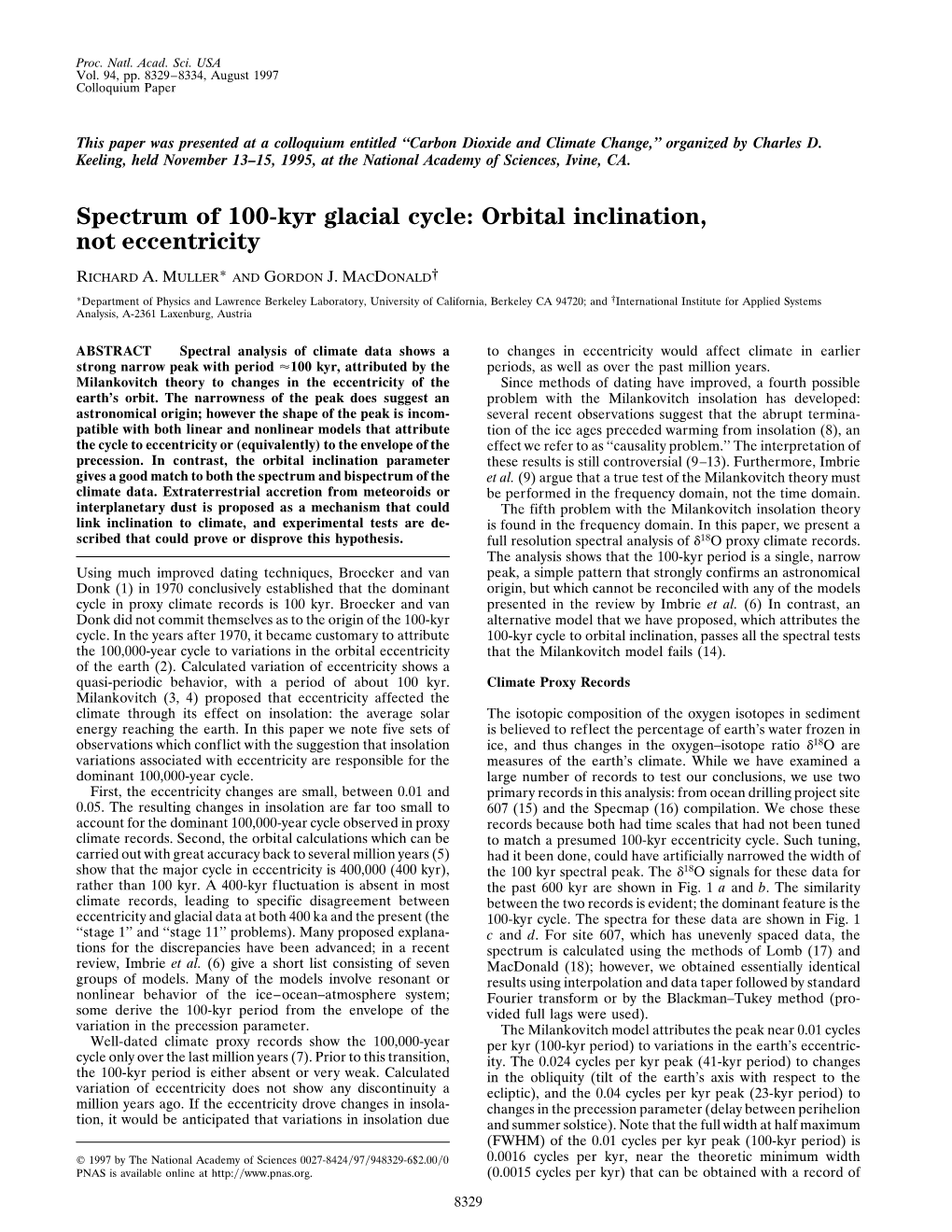 Spectrum of 100-Kyr Glacial Cycle: Orbital Inclination, Not Eccentricity