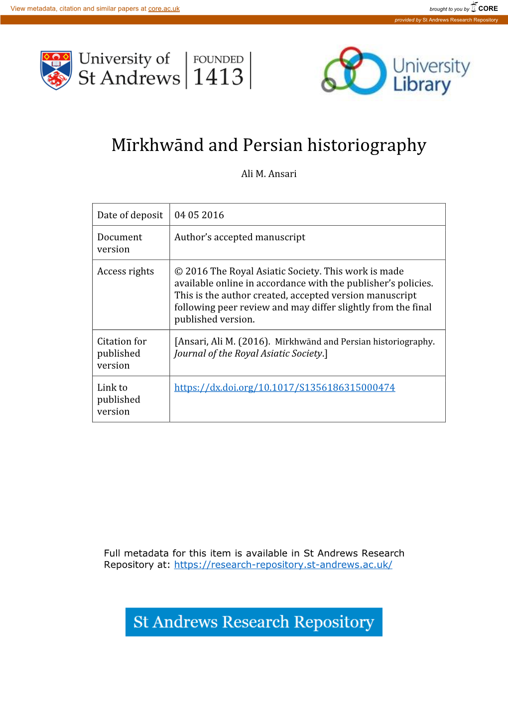 Mīrkhwānd and Persian Historiography