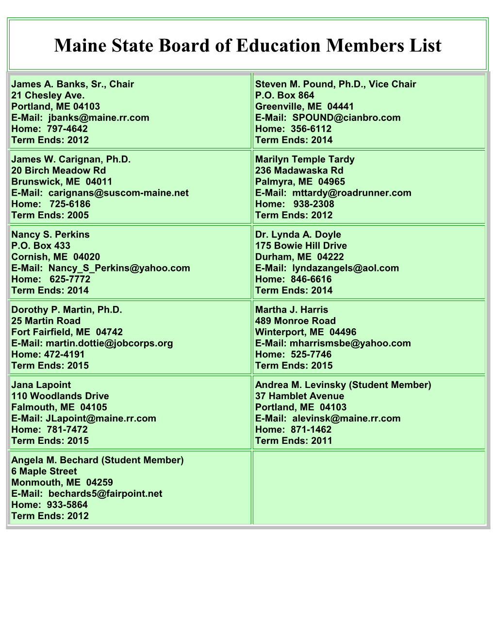 Maine State Board of Education Members List