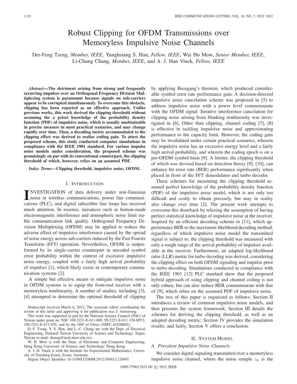 Robust Clipping for OFDM Transmissions Over Memoryless Impulsive Noise Channels