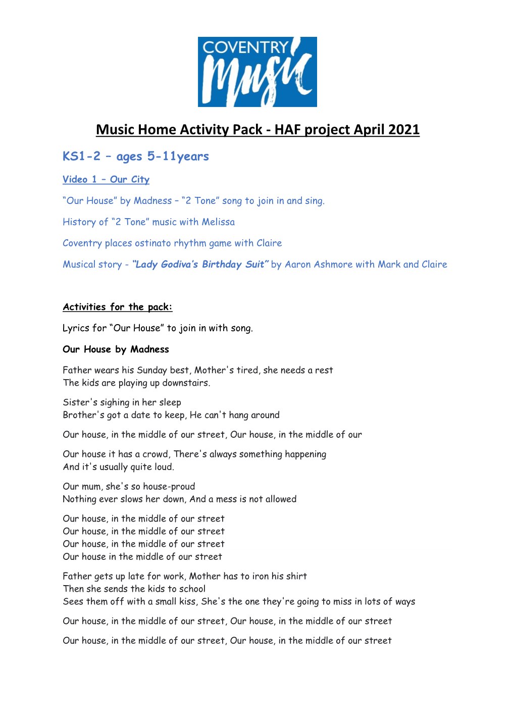 Music Home Activity Pack - HAF Project April 2021