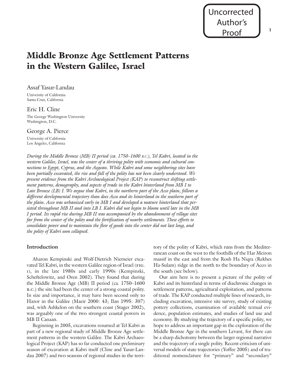 Middle Bronze Age Settlement Patterns in the Western Galilee, Israel Uncorrected Author's Proof