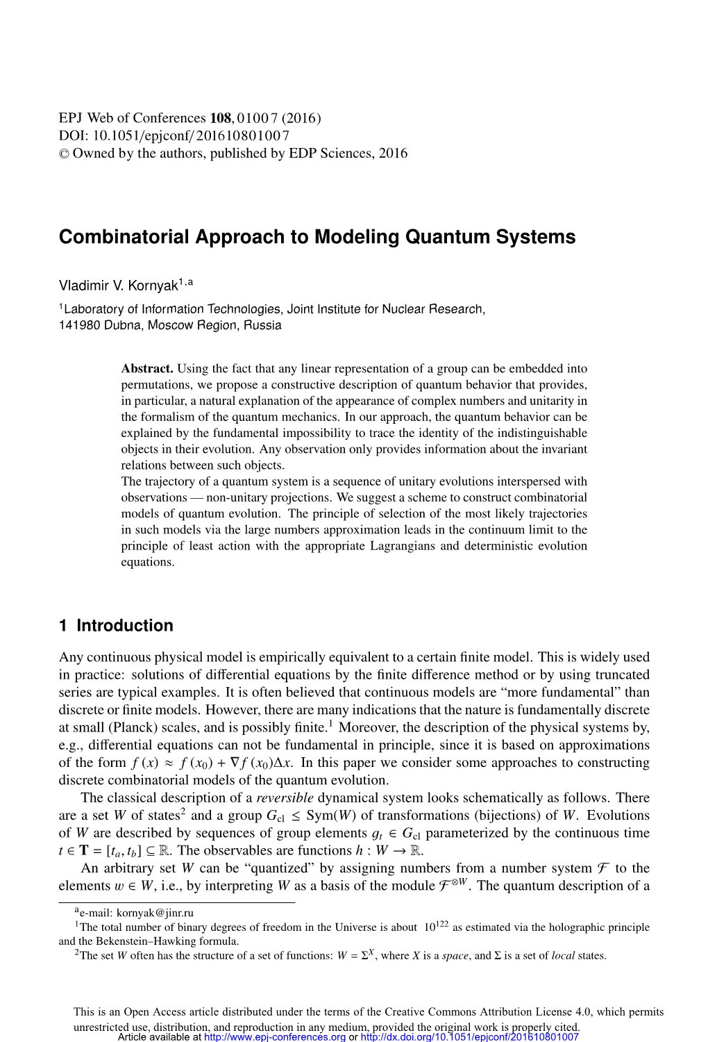 Combinatorial Approach to Modeling Quantum Systems