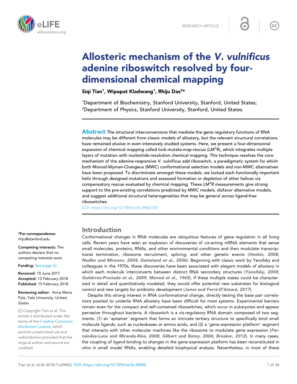 Allosteric Mechanism of the V. Vulnificus Adenine Riboswitch Resolved by Four- Dimensional Chemical Mapping Siqi Tian1, Wipapat Kladwang1, Rhiju Das2*