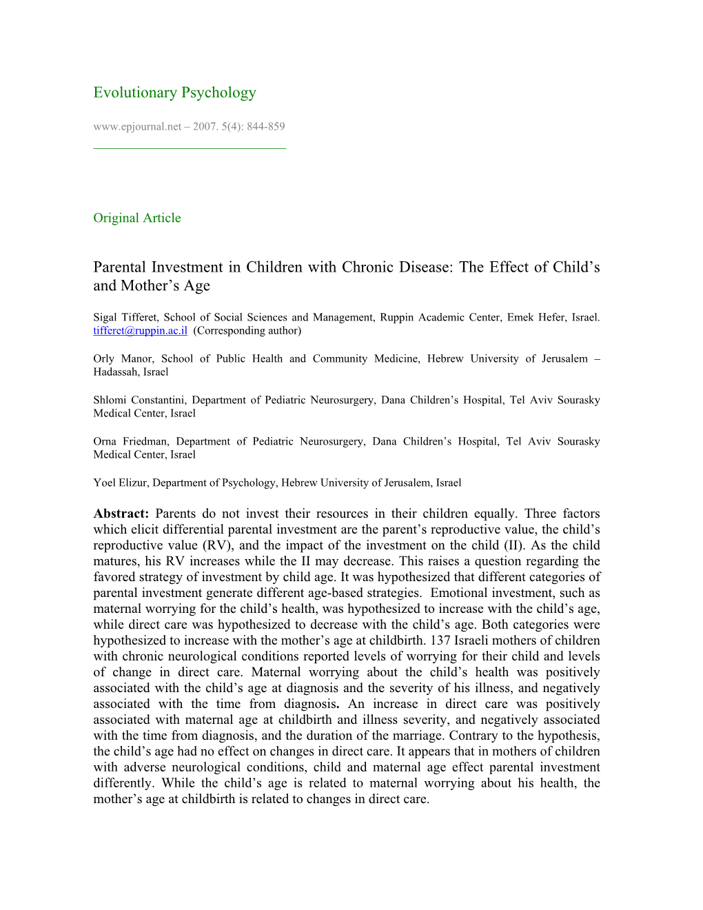 Parental Investment in Children with Chronic Disease: the Effect of Child’S and Mother’S Age