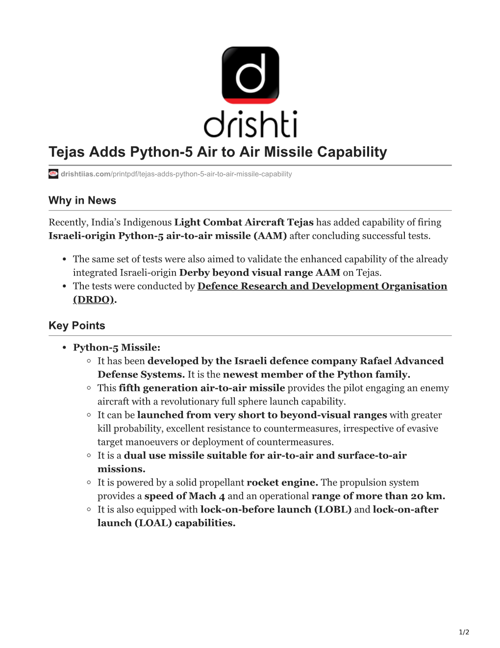 Tejas Adds Python-5 Air to Air Missile Capability