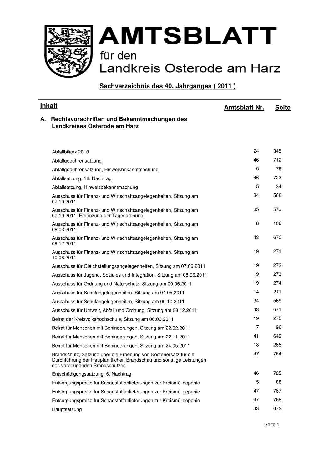 Sachverzeichnis Des 40. Jahrganges ( 2011 ) Inhalt Seite Amtsblatt