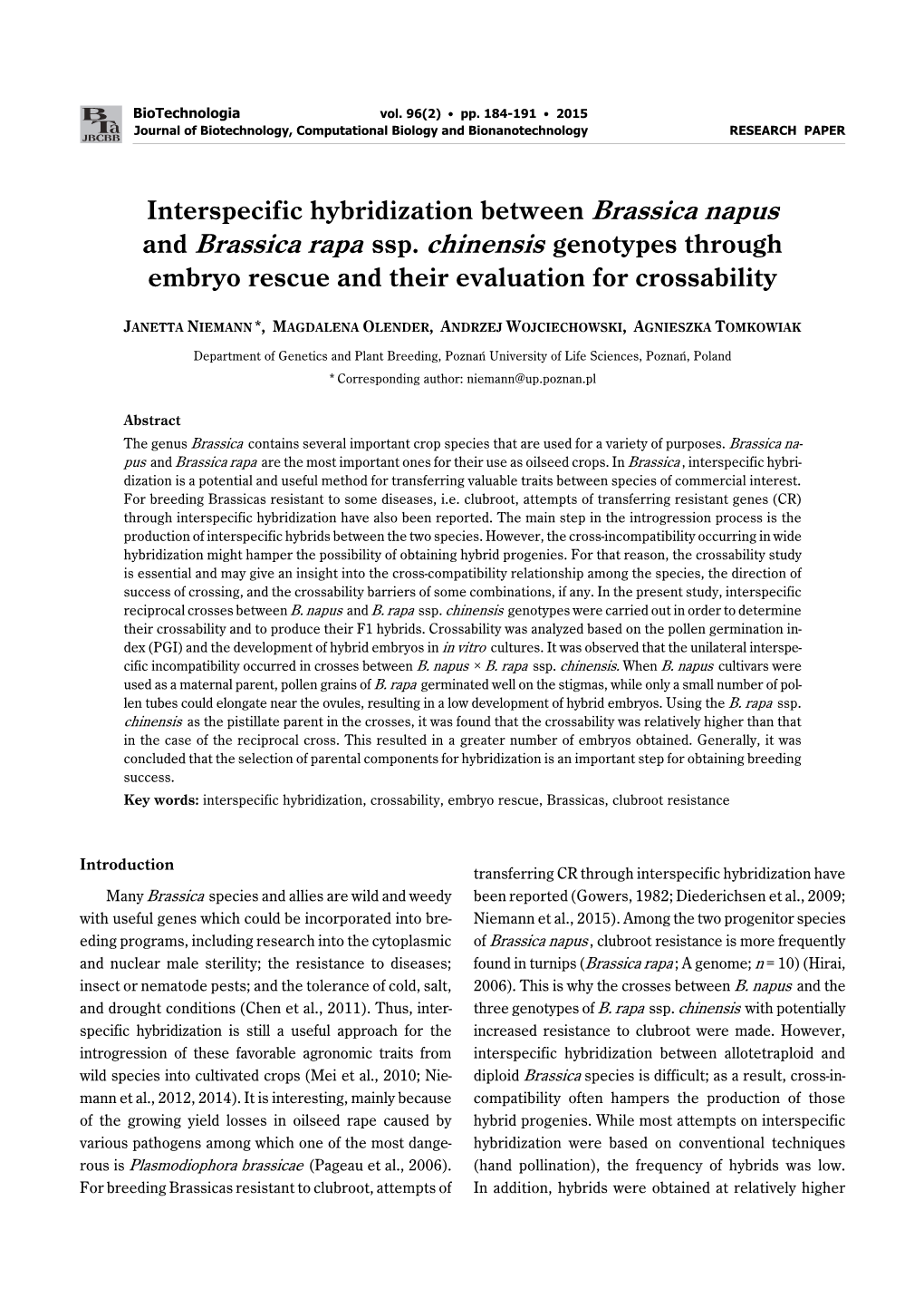 Interspecific Hybridization Between Brassica Napus and Brassica Rapa Ssp