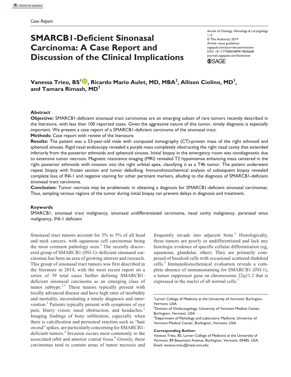 SMARCB1-Deficient Sinonasal Carcinoma: a Case Report and Discussion of the Clinical Implications