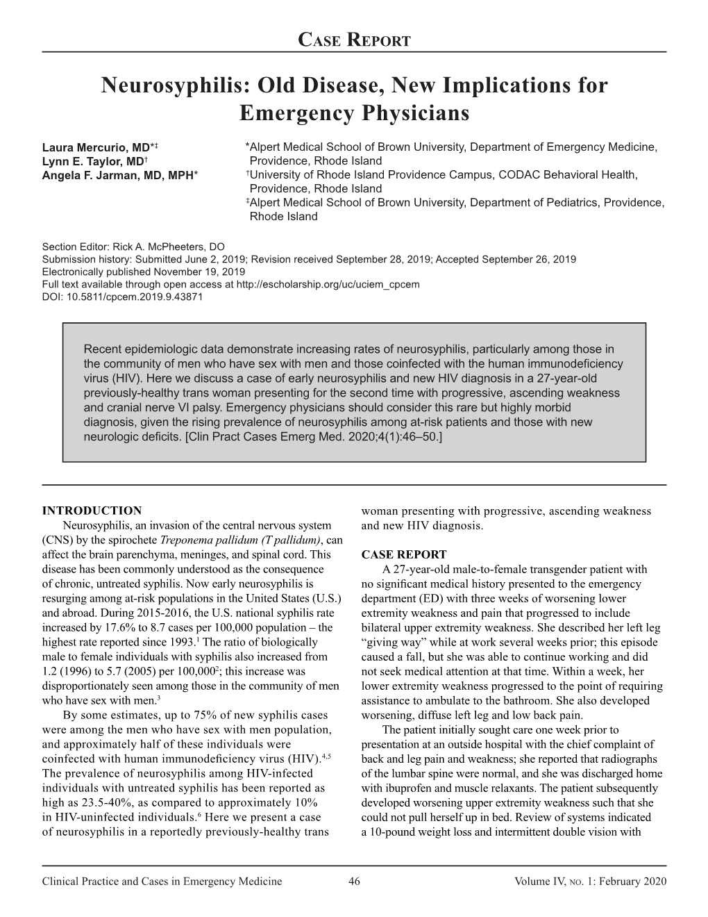 Neurosyphilis: Old Disease, New Implications for Emergency Physicians