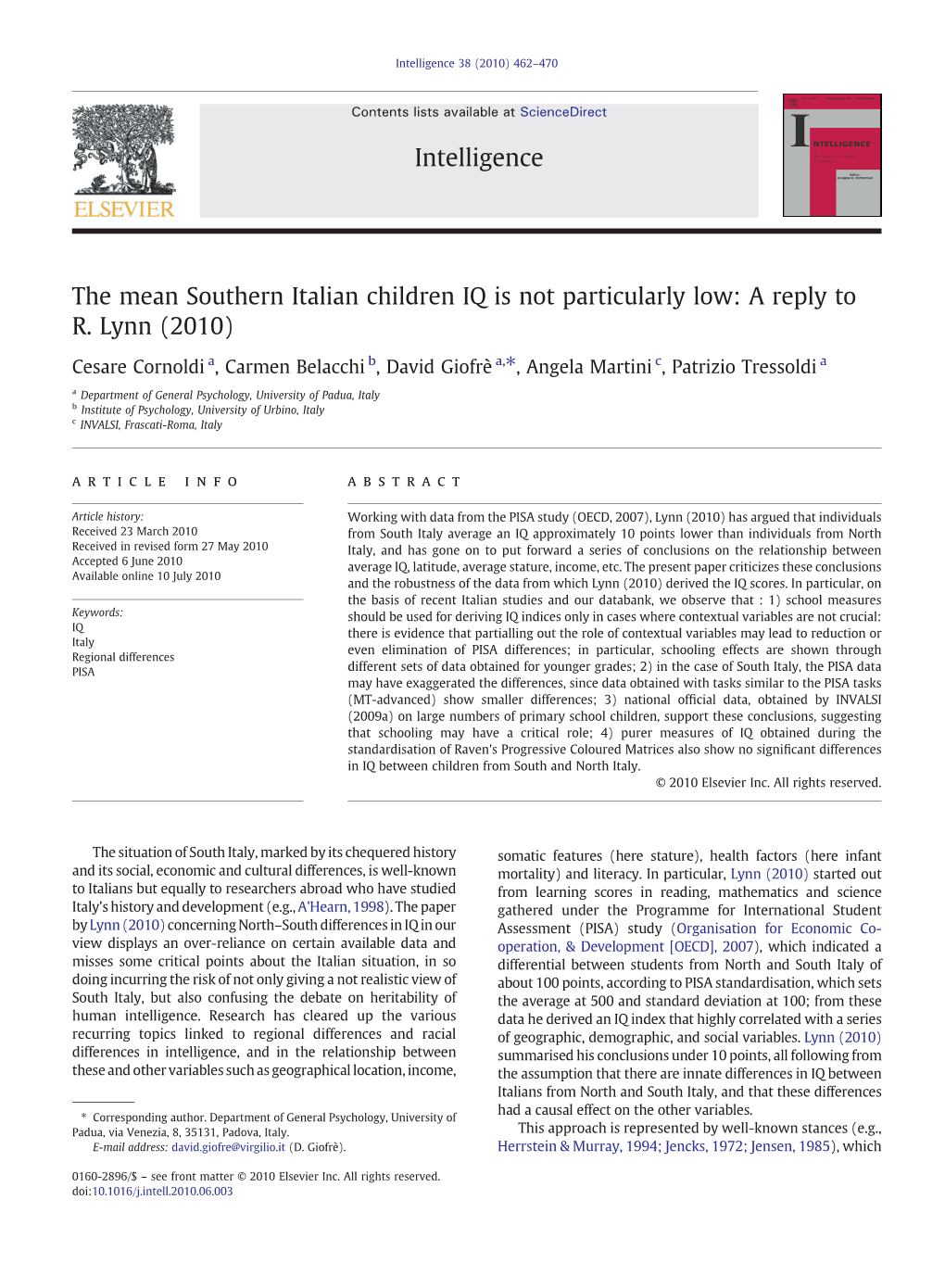 The Mean Southern Italian Children IQ Is Not Particularly Low: a Reply to R. Lynn (2010)