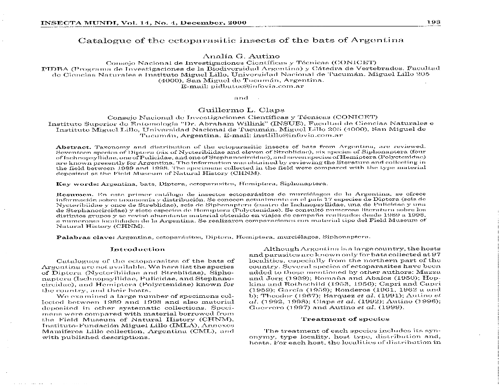 Catalogue of the Ectoparasitic Insects of the Bats of Argentina