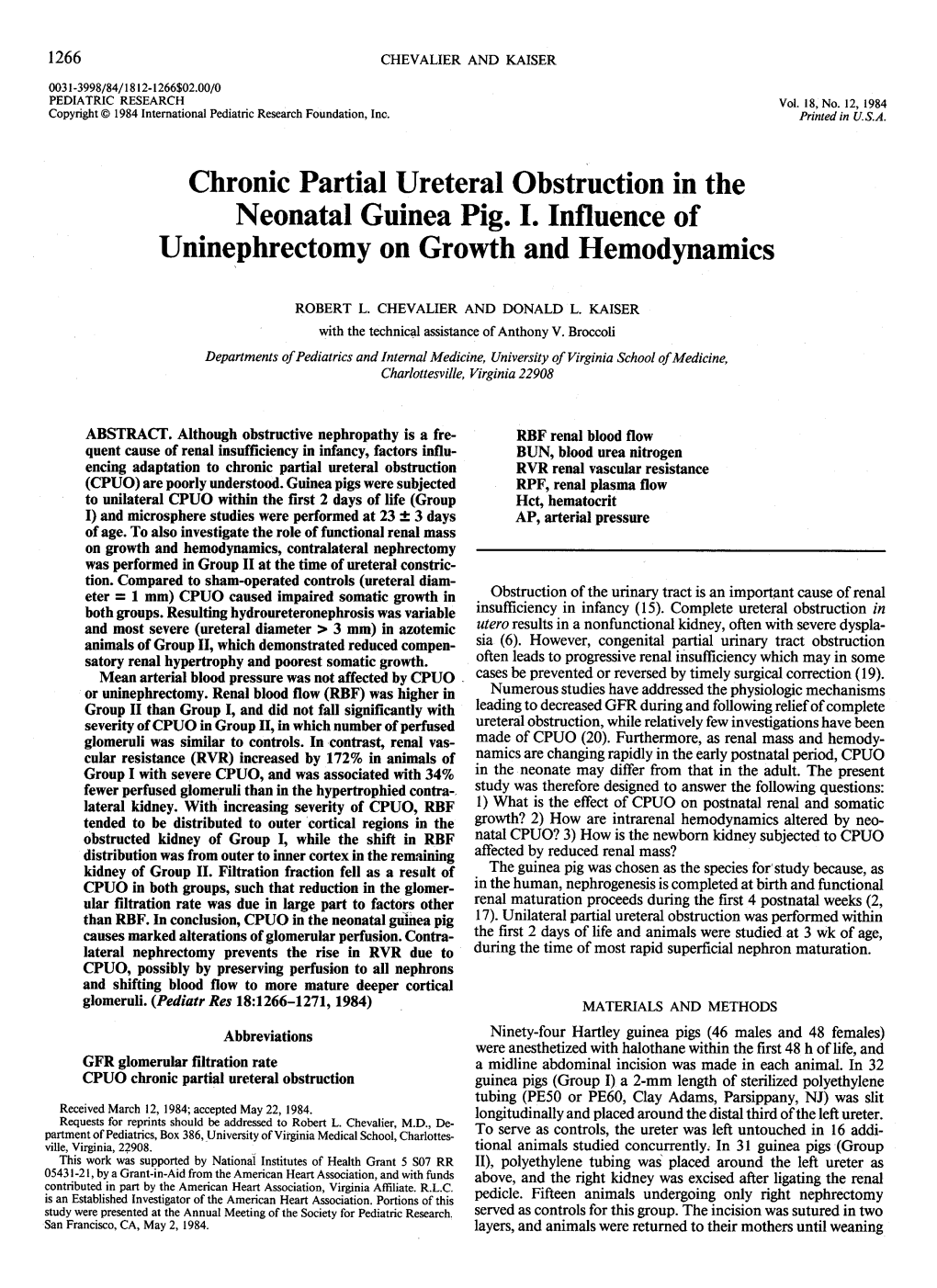 Chronic Partial Ureteral Obstruction in the Neonatal Guinea Pig. I