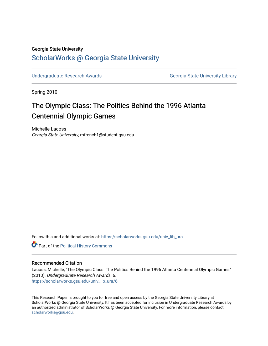 The Politics Behind the 1996 Atlanta Centennial Olympic Games