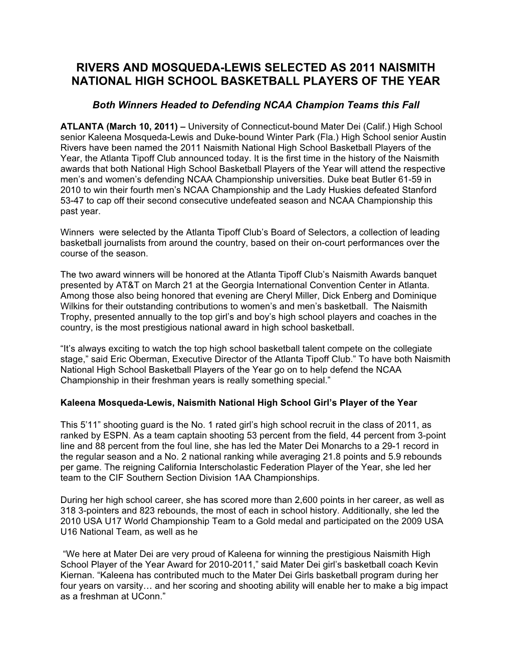 Rivers and Mosqueda-Lewis Selected As 2011 Naismith National High School Basketball Players of the Year