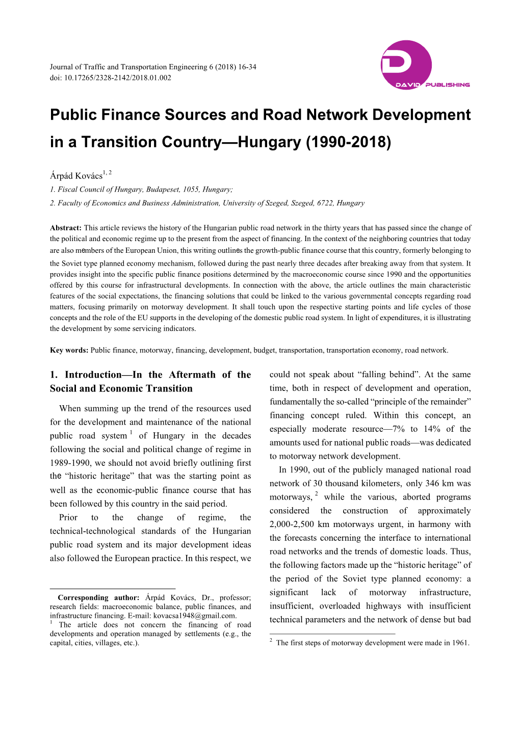 Public Finance Sources and Road Network Development in a Transition Country—Hungary (1990-2018)