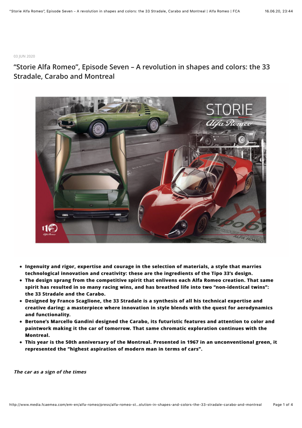 Storie Alfa Romeo”, Episode Seven – a Revolution in Shapes and Colors: the 33 Stradale, Carabo and Montreal | Alfa Romeo | FCA 16.06.20, 23�44