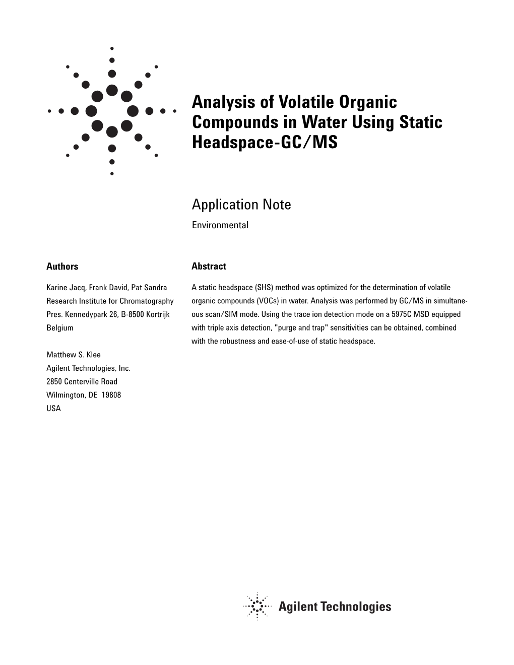 Analysis of Volatile Organic Compounds in Water Using Static Headspace-GC/MS