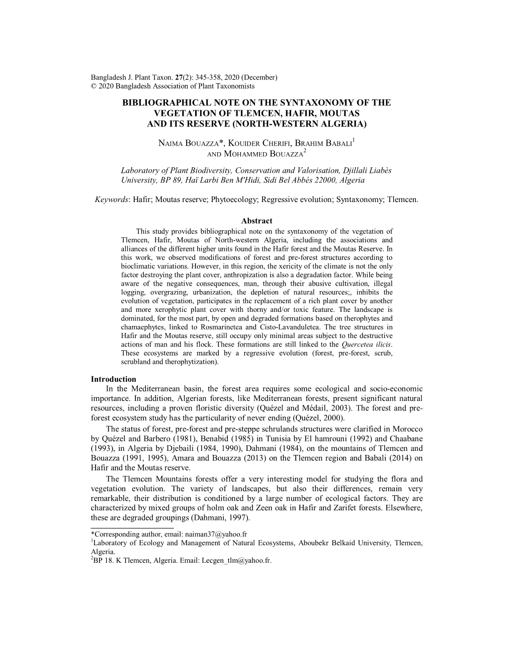 Bibliographical Note on the Syntaxonomy of the Vegetation of Tlemcen, Hafir, Moutas and Its Reserve (North-Western Algeria)