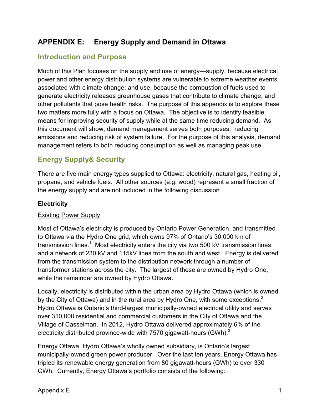 APPENDIX E: Energy Supply and Demand in Ottawa