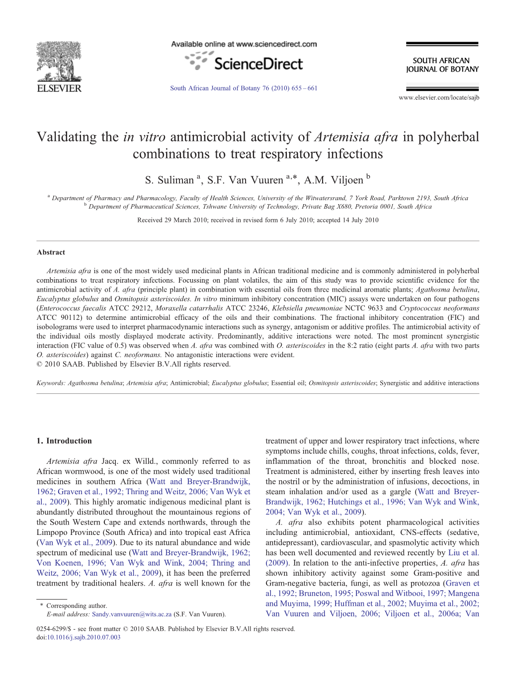 Validating the in Vitro Antimicrobial Activity of Artemisia Afra in Polyherbal Combinations to Treat Respiratory Infections ⁎ S