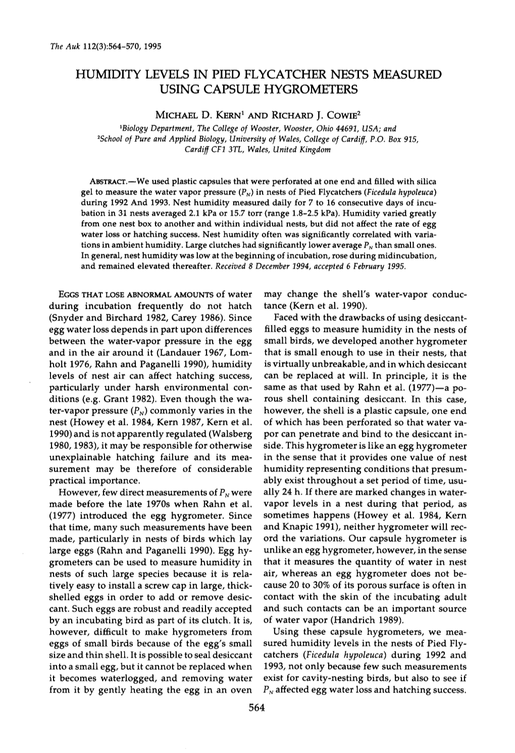 Humidity Levels in Pied Flycatcher Nests Measured Using Capsule Hygrometers