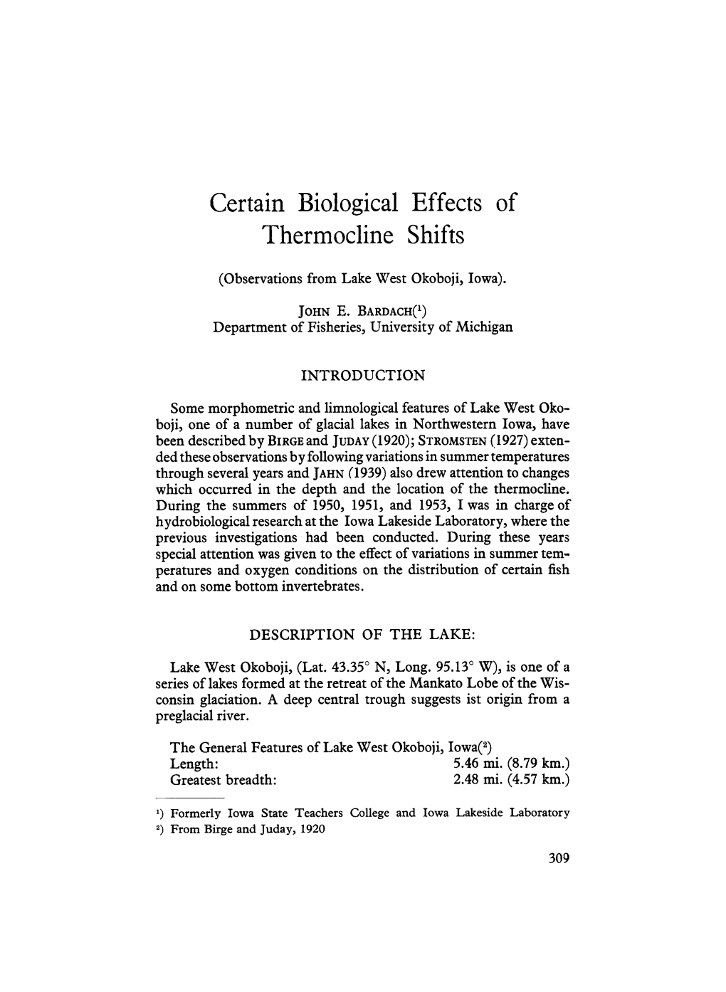 Certain Biological Effects of Thermocline Shifts