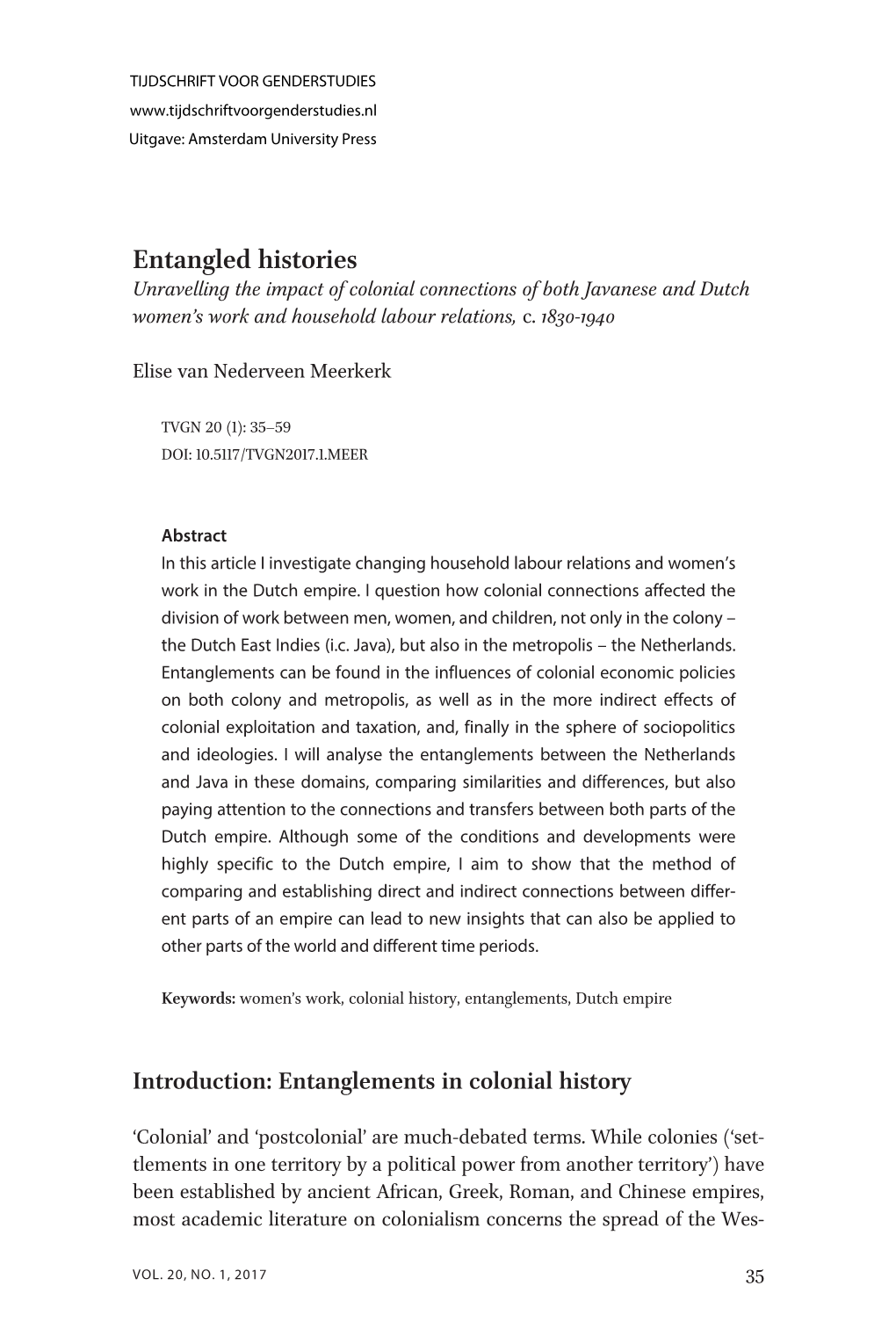 Entangled Histories Unravelling the Impact of Colonial Connections of Both Javanese and Dutch Women’S Work and Household Labour Relations, C