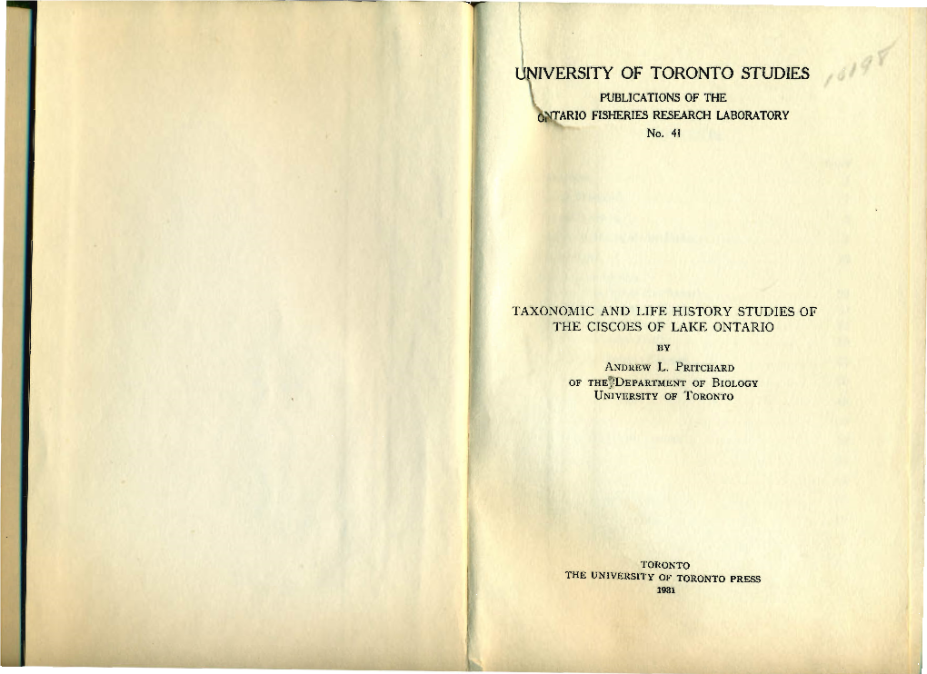 IVERSITY of TORONTO STUDIES PUBLICATIONS of the ,WARIO FISHERIES RESEARCH LABORATORY No