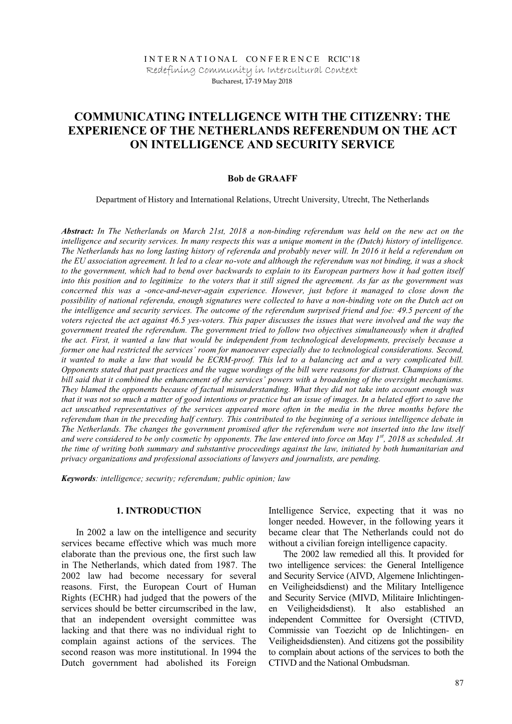 Communicating Intelligence with the Citizenry: the Experience of the Netherlands Referendum on the Act on Intelligence and Security Service