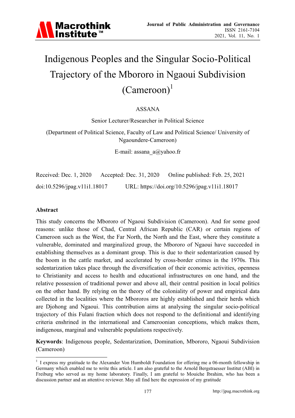 Indigenous Peoples and the Singular Socio-Political Trajectory of the Mbororo in Ngaoui Subdivision (Cameroon)1