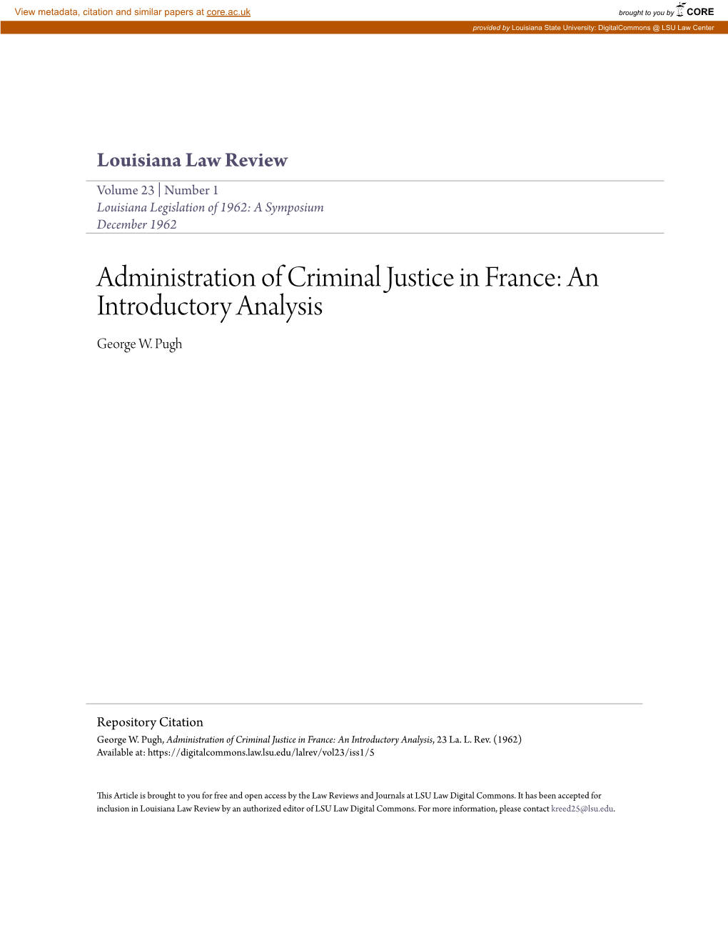 Administration of Criminal Justice in France: an Introductory Analysis George W