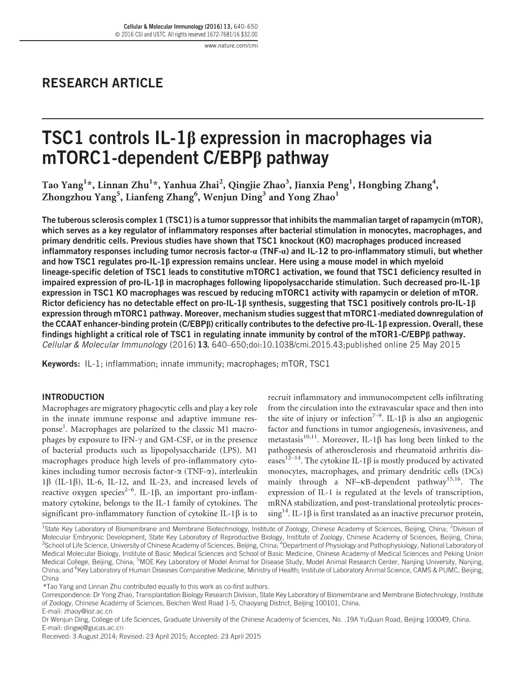 TSC1 Controls IL-1&Bgr; Expression in Macrophages Via Mtorc1