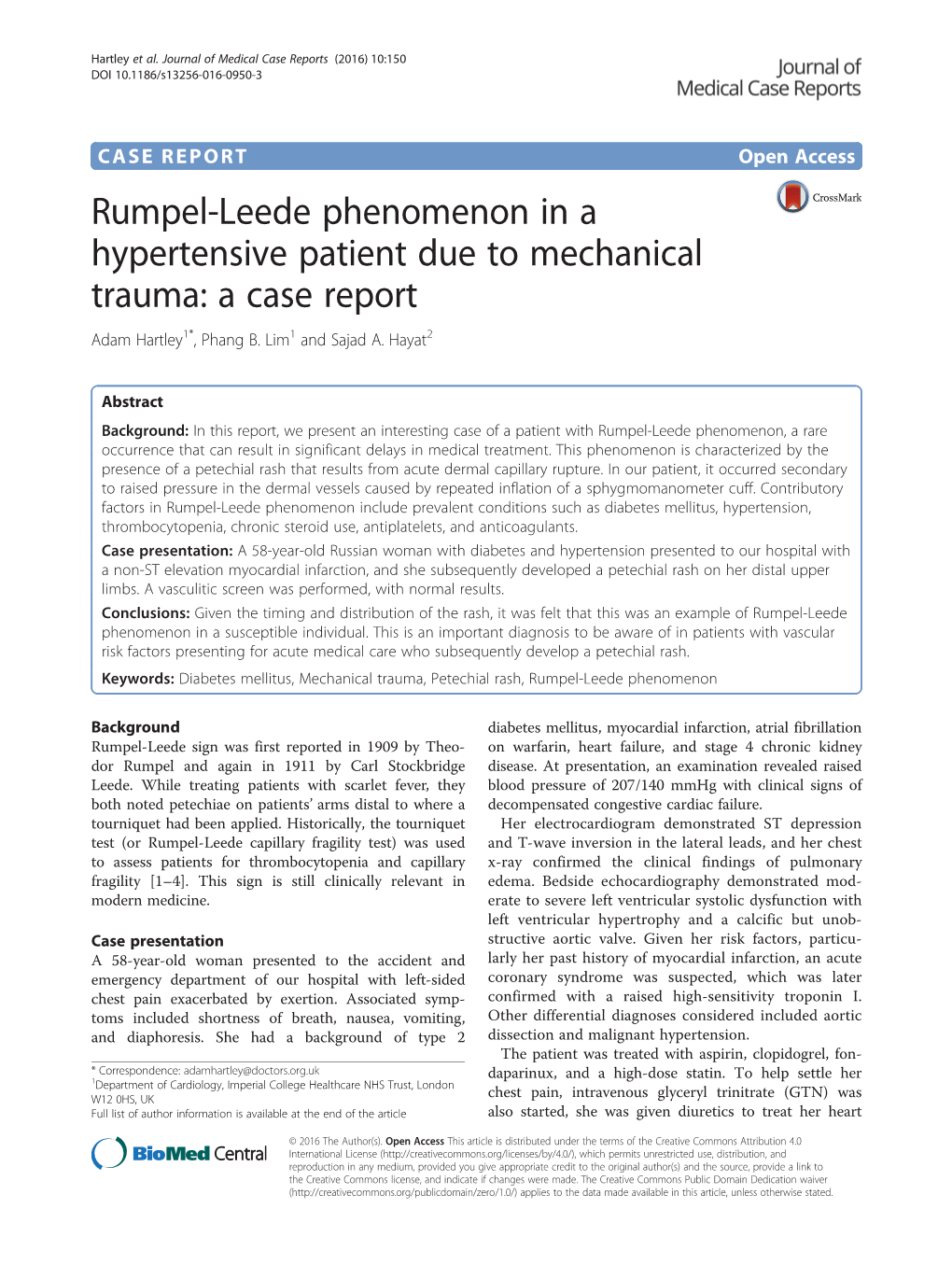 Rumpel-Leede Phenomenon in a Hypertensive Patient Due to Mechanical Trauma: a Case Report Adam Hartley1*, Phang B