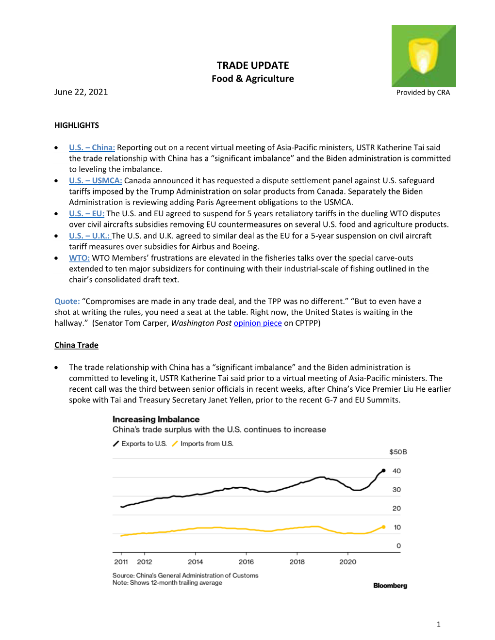 CRA Food & Agriculture Trade Update