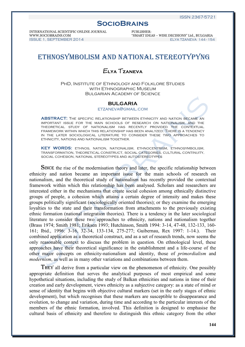 Sociobrains ETHNOSYMBOLISM and NATIONAL STEREOTYPYNG