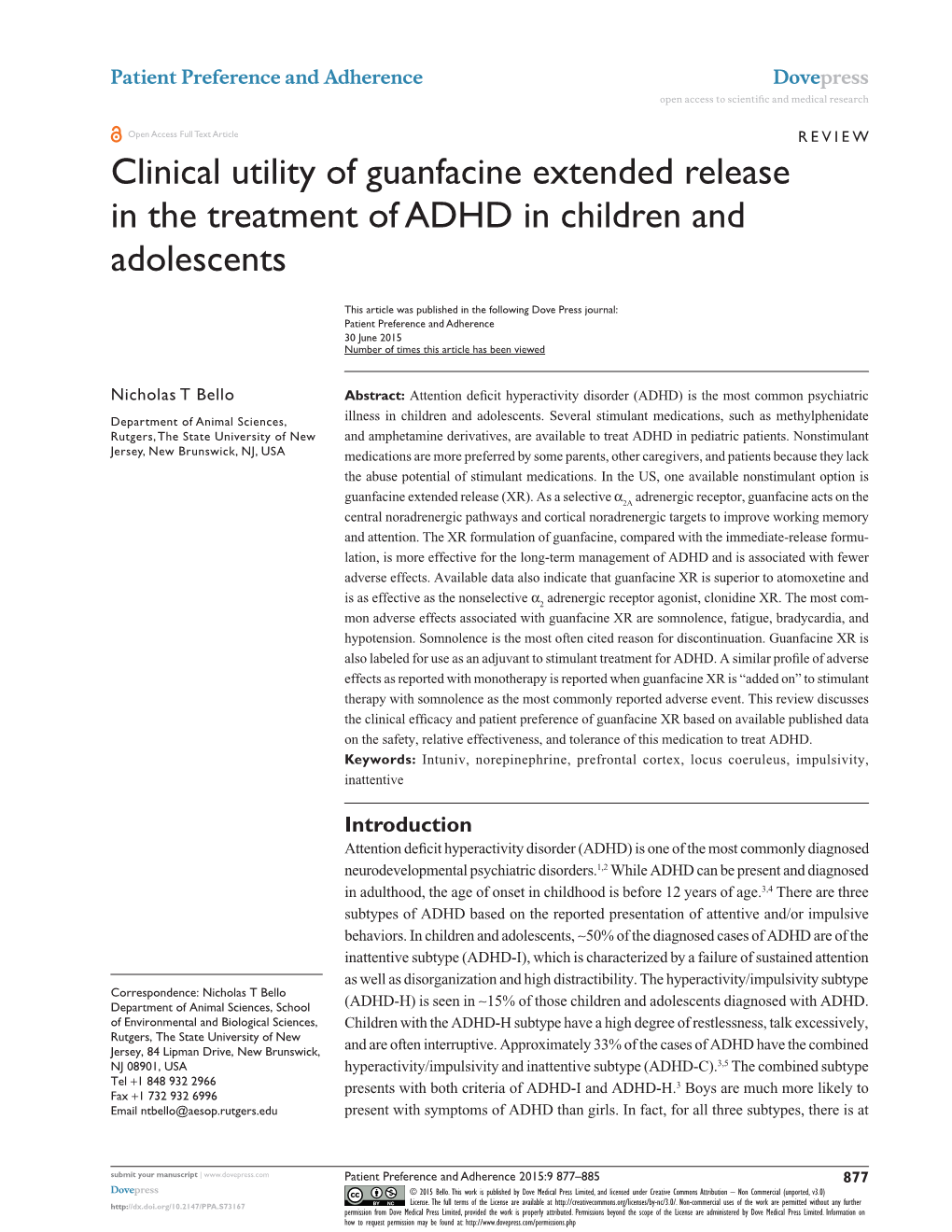 Clinical Utility of Guanfacine Extended Release in the Treatment of ADHD in Children and Adolescents