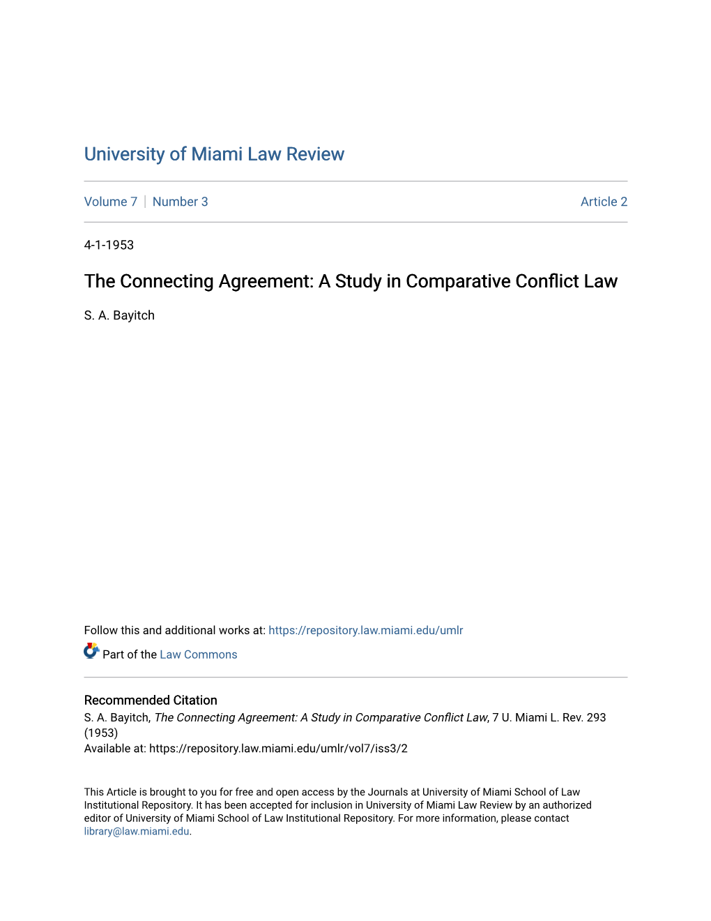 The Connecting Agreement: a Study in Comparative Conflict Law