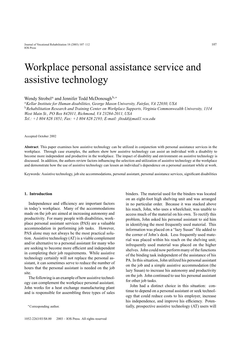 Workplace Personal Assistance Service and Assistive Technology