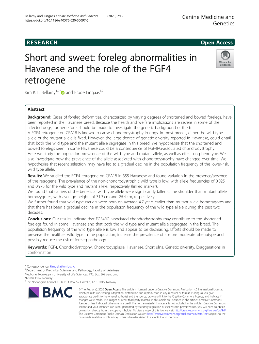 Short and Sweet: Foreleg Abnormalities in Havanese and the Role of the FGF4 Retrogene Kim K