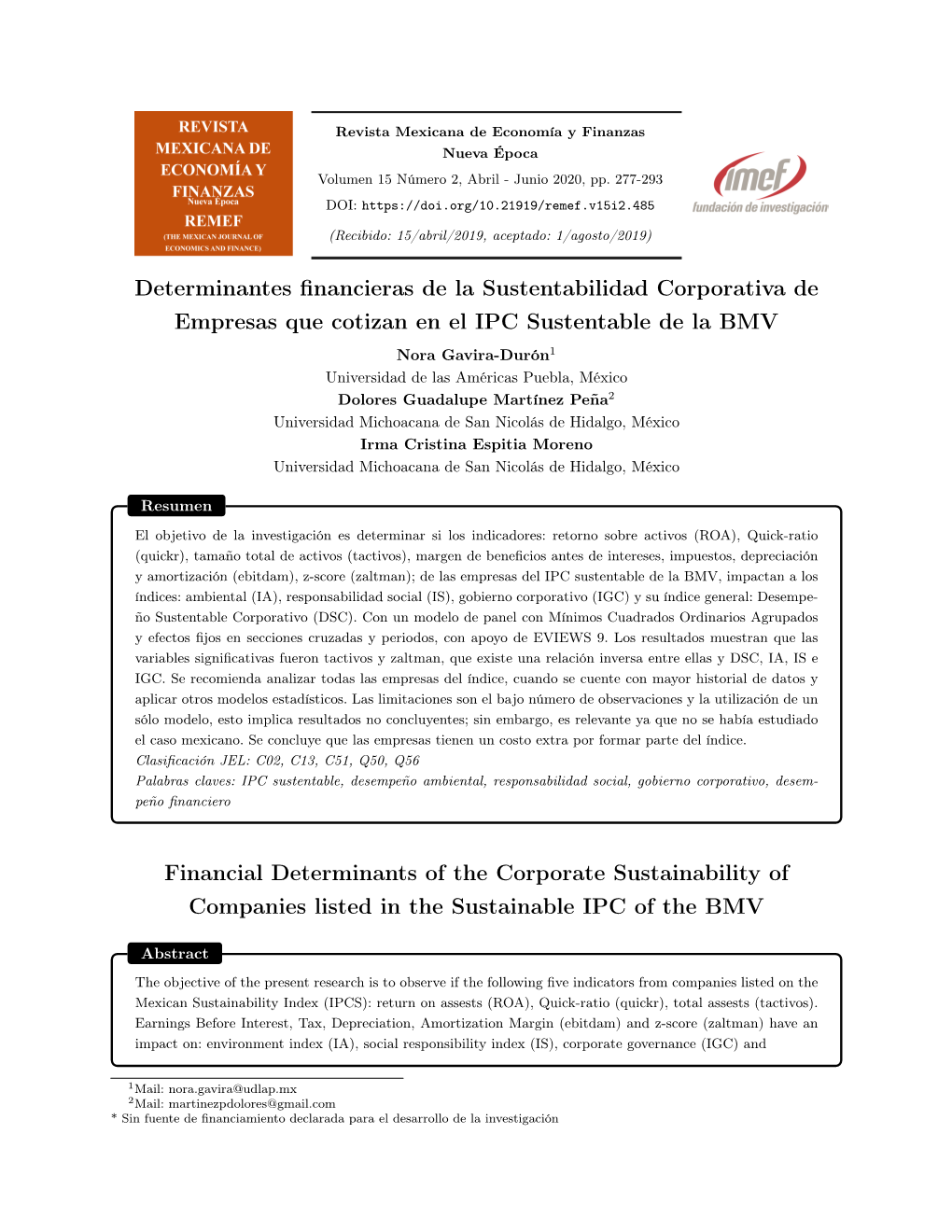 Determinantes Financieras De La Sustentabilidad Corporativa De Empresas Que Cotizan En El IPC Sustentable De La BMV Financial De