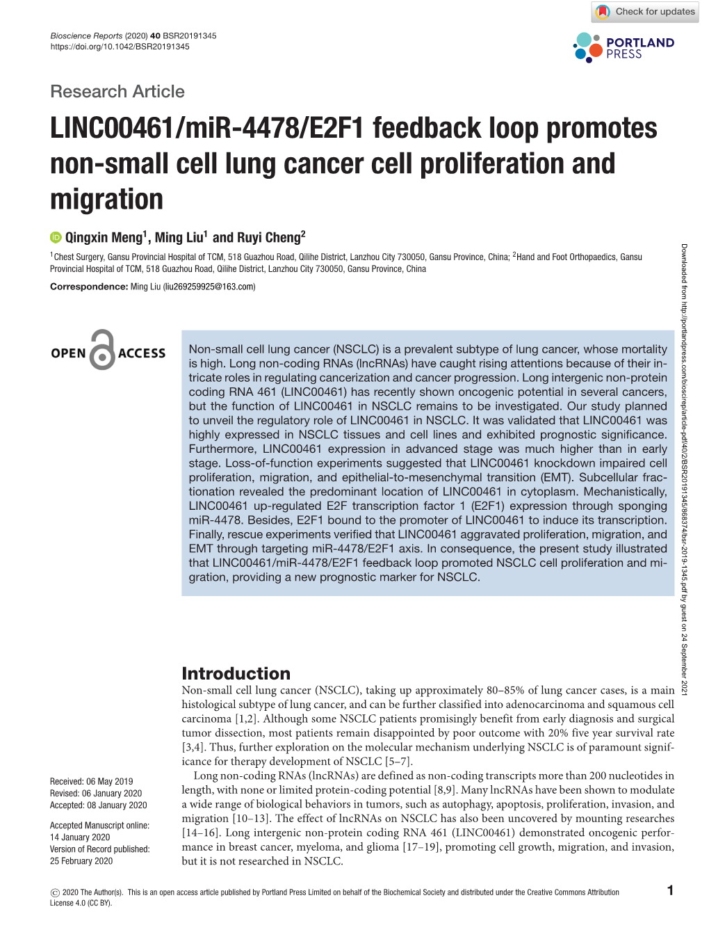 LINC00461/Mir-4478/E2F1 Feedback Loop Promotes Non-Small Cell Lung Cancer Cell Proliferation and Migration