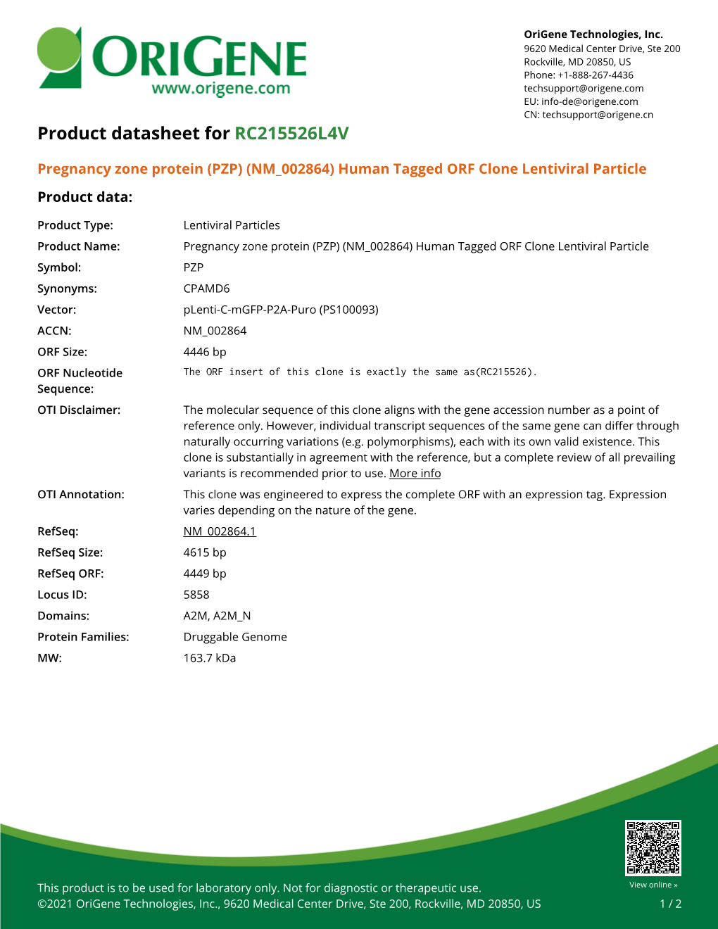Pregnancy Zone Protein (PZP) (NM 002864) Human Tagged ORF Clone Lentiviral Particle Product Data