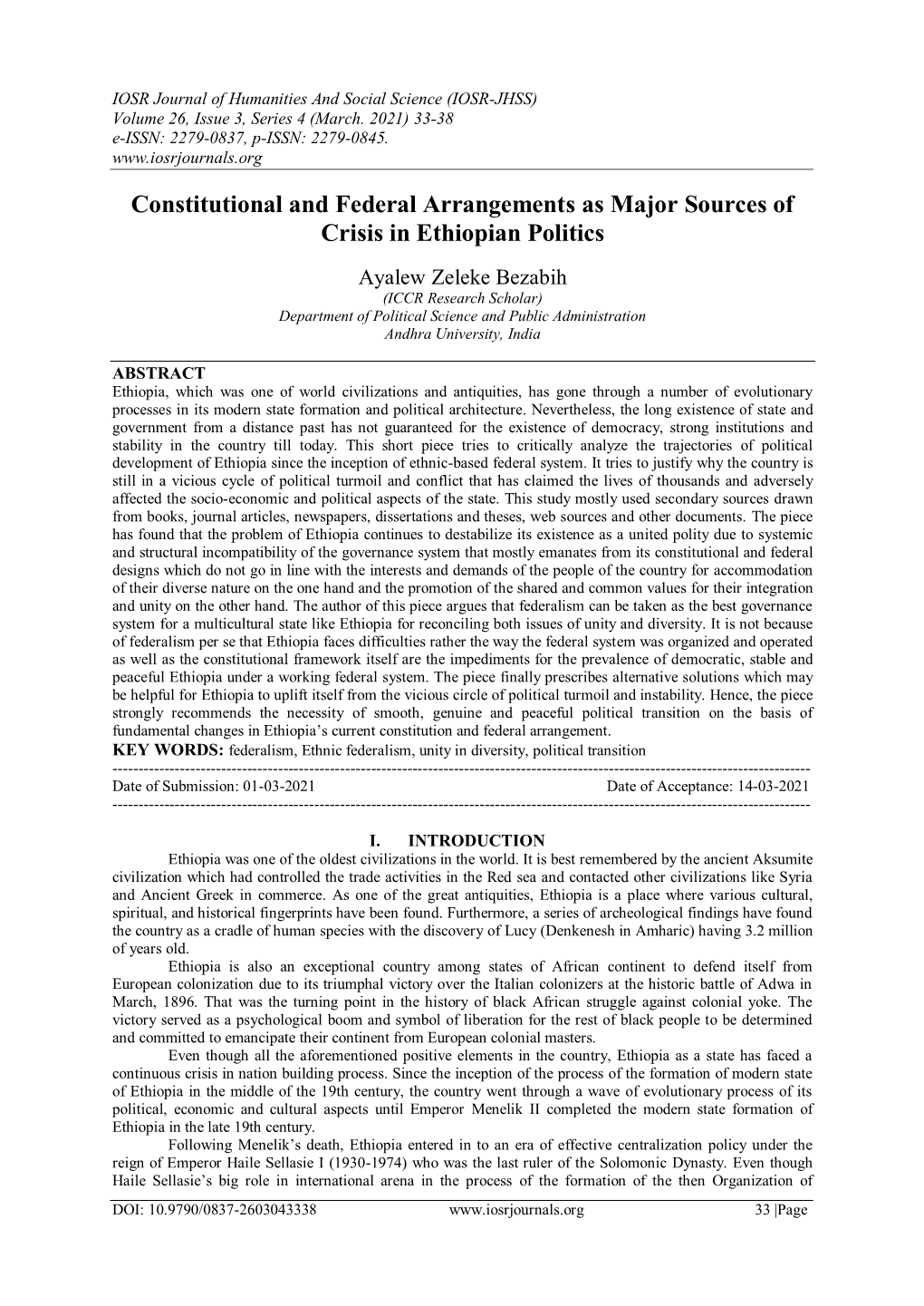 Constitutional and Federal Arrangements As Major Sources of Crisis in Ethiopian Politics