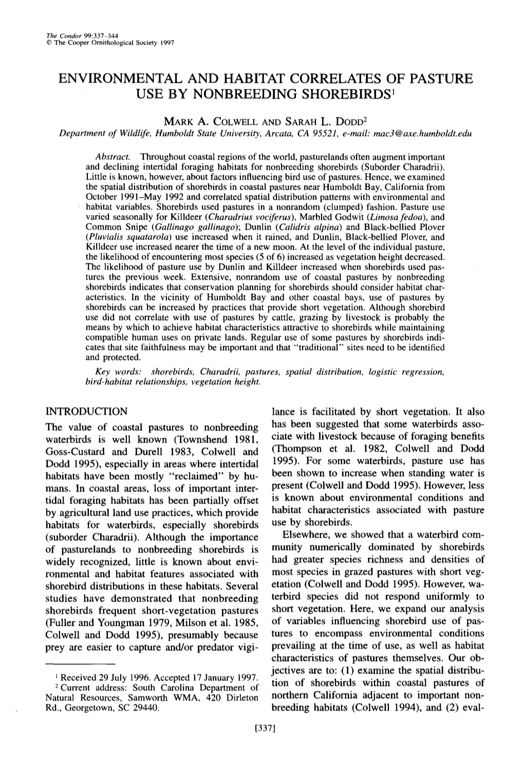 Environmental and Habitat Correlates of Pasture Use by Nonbreeding Shorebirds